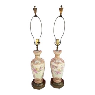 Pair of Vintage Hand-Painted Porcelain Floral Table Lamps For Sale