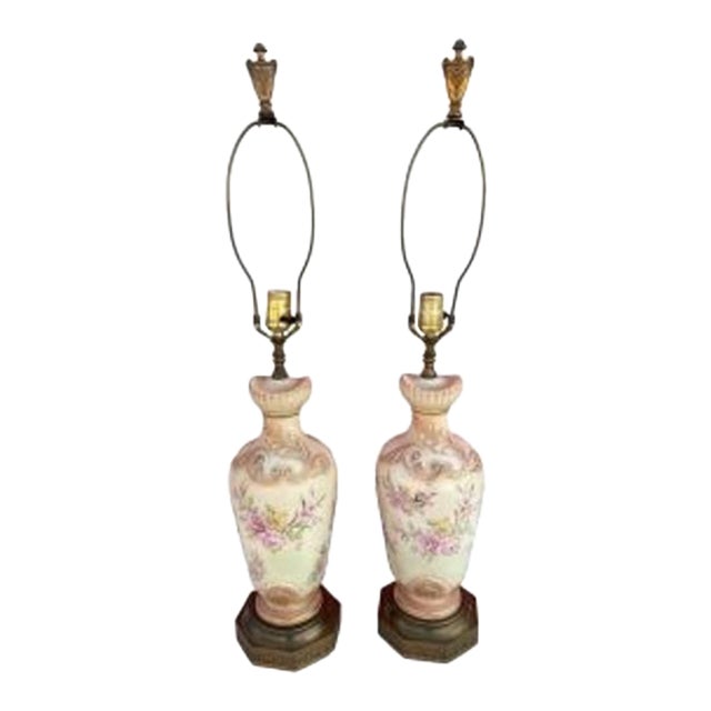 Pair of Vintage Hand-Painted Porcelain Floral Table Lamps For Sale