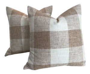 Tan Buffalo Check 22” Down Filled Pillows - a Pair