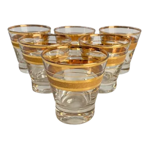 Vintage Old Fashion Glasses Shot Gold Mid Century 1960s After Dinner Cocktail Drink Set of 6