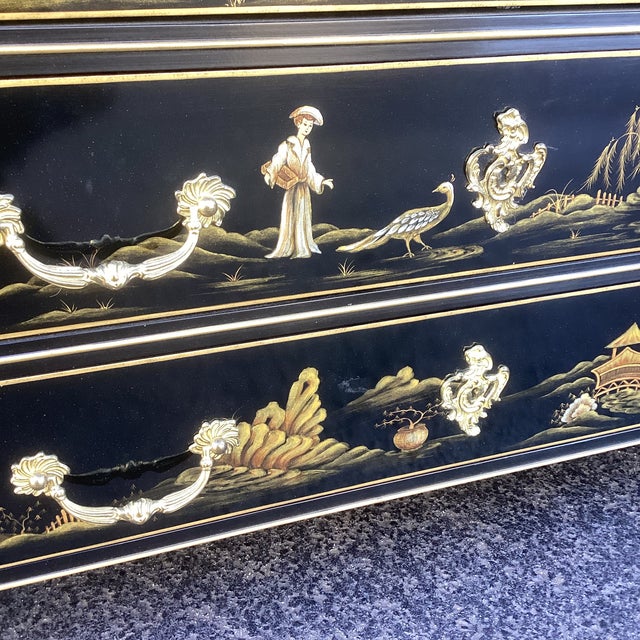 Late 20th Century Late 20th Century Exquisite Black Lacquer Chinoisserie Chest of Drawers For Sale - Image 5 of 13