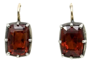 Vintage 18k Gold and Silver Collet Set Mandarin Garnet Earrings, A Pair