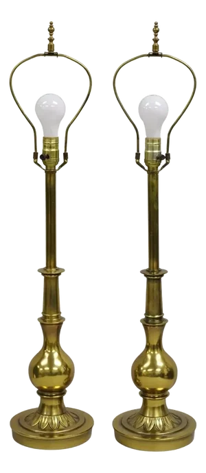Vintage Stiffel Hollywood Regency Brass Bulbous Column Table Lamps - A Pair