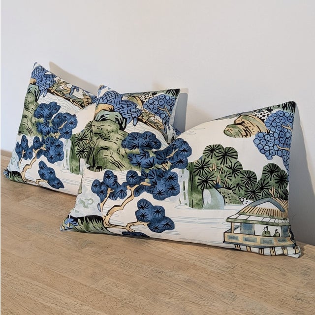 Not Yet Made - Made To Order Thibaut Asian Scenic Blue & Green Lumbar Pillows - Set of 2 For Sale - Image 5 of 6