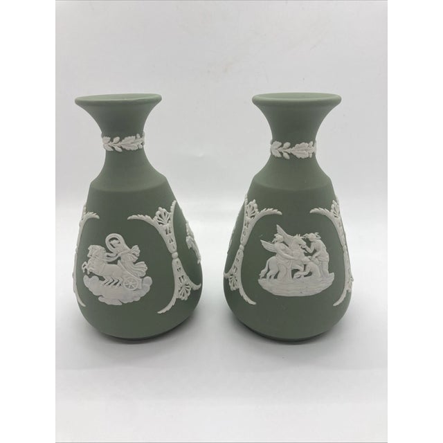 Mid-Century Modern Vintage MCM Wedgwood Sage Jasperware Vases -Set of 2 For Sale - Image 3 of 4
