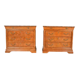 Thomasville French Louis Philippe Burl Wood Marble Top Four-Drawer Dresser Chests, Pair