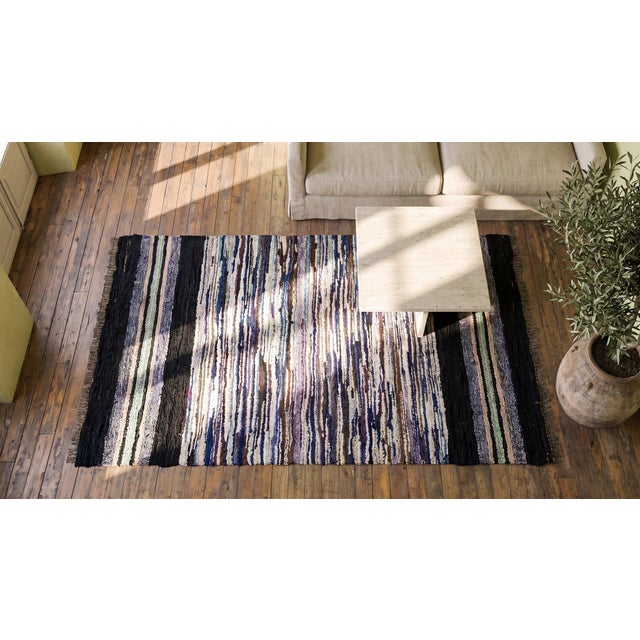 Light Gray 1940s Multicolor Stripe Antique American Rag Rug 3' 4" X 6' 4" Hand Knotted Wool Carpet For Sale - Image 8 of 10