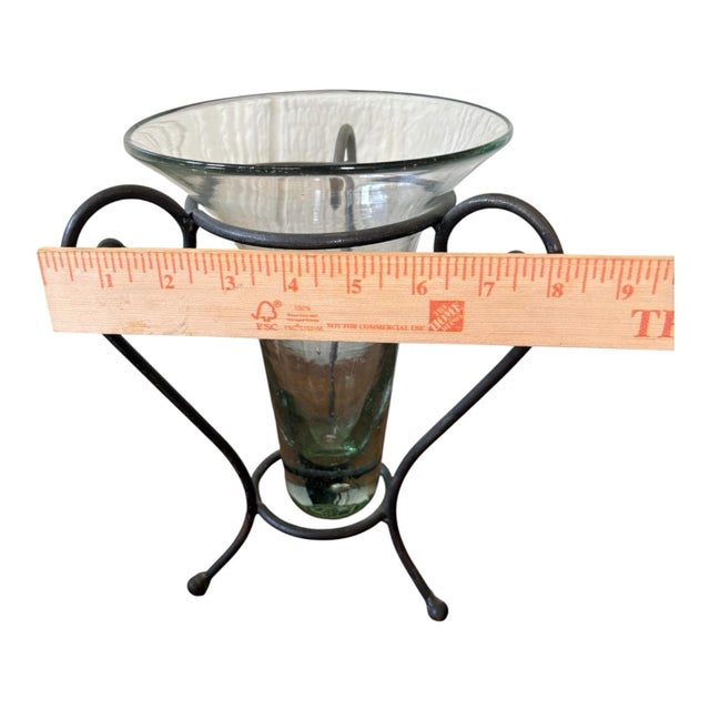 Transparent Mexican Glass Vase With Black Scroll Metal Stand, Green Tinted Trumpet Vase, Spanish Revival Mediterranean Decor, 11 Inch For Sale - Image 8 of 11