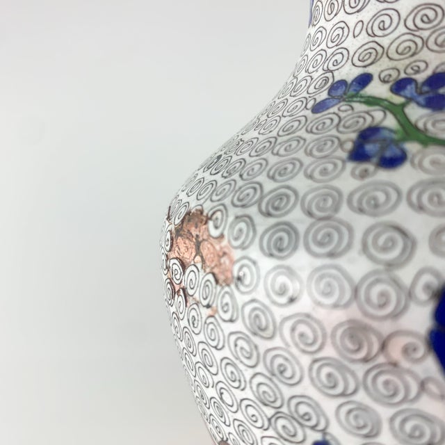 Mid 20th Century Vintage Brass Enamel Chinese Cloisonné Vase Floral Blue Flowers Scroll Design For Sale - Image 5 of 9