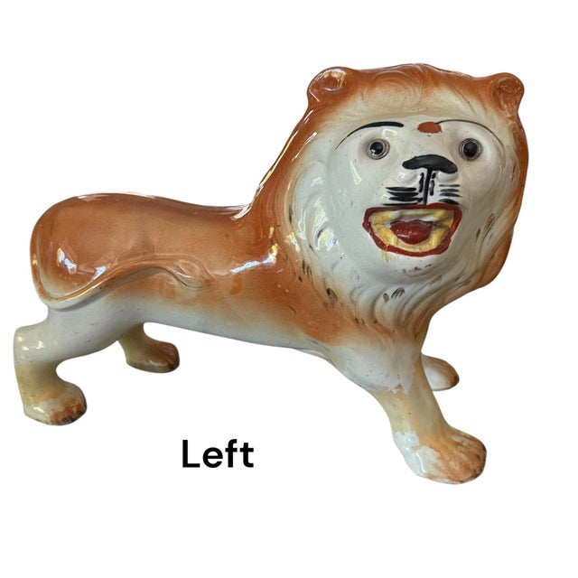 Victorian Pair of Large Victorian Staffordshire Pottery Lions With Glass Eyes, C. 1880–1900 For Sale - Image 3 of 15