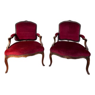 Louis XV Armchairs in Carved Wood and Burgundy Velvet, Set of 2 For Sale