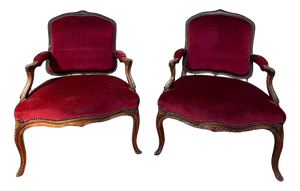 Louis XV Armchairs in Carved Wood and Burgundy Velvet, Set of 2