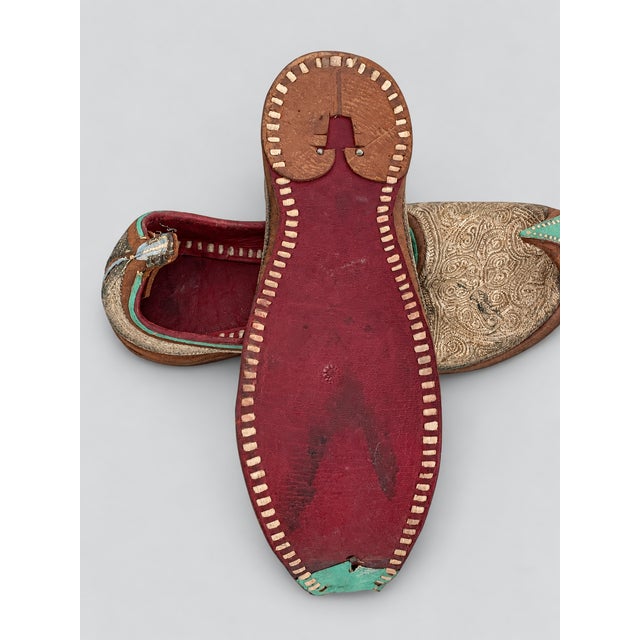Antique Indian Gold-Embroidered Leather Mojari Shoes, Circa 1870–1910, Pair For Sale - Image 9 of 12