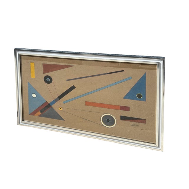 Original abstract mixed media. Triangles, circles and elongated rectangles in primary colors and black are arranged with a...