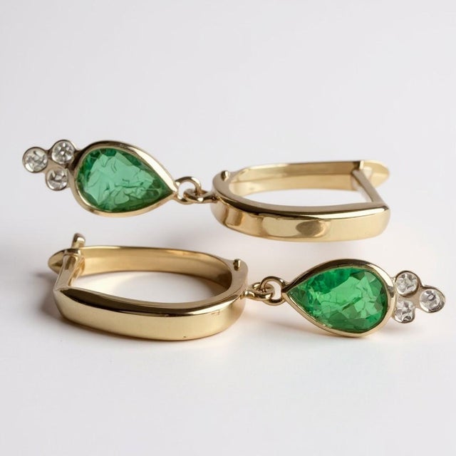 14k Yellow Gold Hoop Earrings With Pear-Shaped Emeralds and Diamond Accents, A Pair For Sale - Image 11 of 13