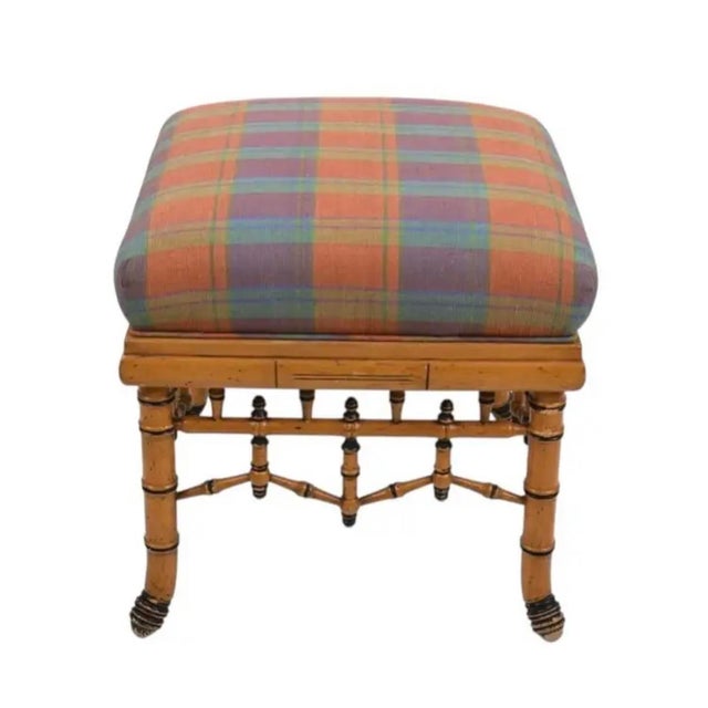English William Switzer Faux Bamboo Ottoman - BenchWith Plaid Upholstery For Sale - Image 3 of 15