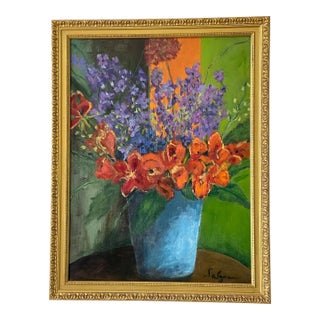 1960s Original Floral Oil on Canvas Signed in Gild Frame For Sale