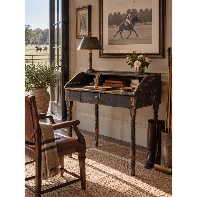 Antique primitive writing desk with raised gallery sides, divided cubbies, a wide center drawer, and slender turned legs....