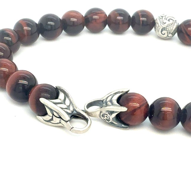 1990s 1990s David Yurman Tiger Eye Carved Ball Bracelet 8" 8 mm Sterling Silver Estate For Sale - Image 5 of 6