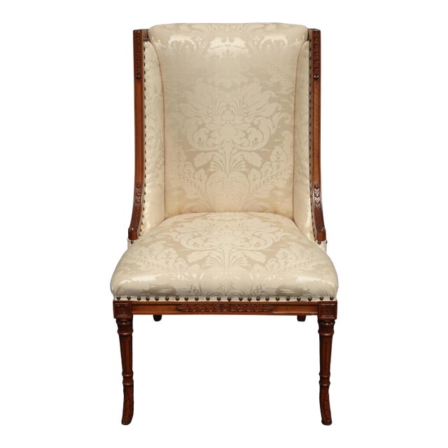 Vintage Traditional French White Silk Damask Accent Chair W Decor Nails For Sale