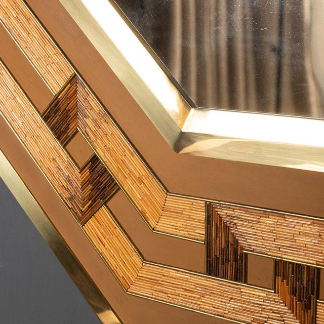 Mid-Century Italian Octagonal Brass & Rattan Mirror, 1970s For Sale - Image 3 of 18