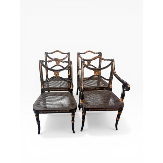 Metal Late 20th Century Neoclassical Regency Style Ebonized & Gilt Cane Seat Dining Chairs, Set of 4 (1 Arm, 3 Side) For Sale - Image 7 of 12