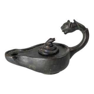 20th Century Hellenistic Greek or Roman Style Verdigris Bronze Oil Lamp For Sale
