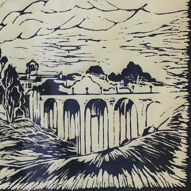 This is a one of a kind original Linoleum block print piece by San Diego artist, Duke Windsor. It is a framed landscape...