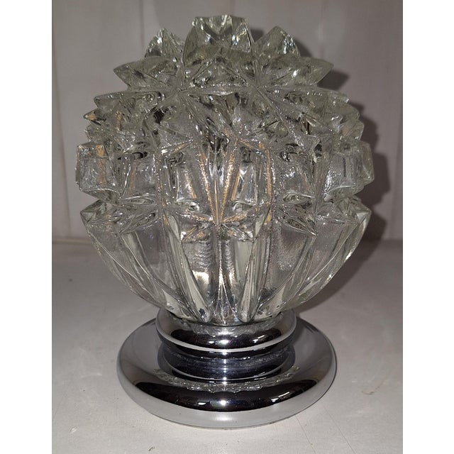 Vintage Table Lamp with Relief Glass Shade in Chrome-Plated Metal Mount, 1970s, in Very Good conditions. Designed 1970 to...