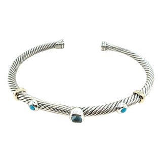 1990s David Yurman Bl Topaz Turquoise Cuff Bracelet 18k Gold Silver Estate For Sale