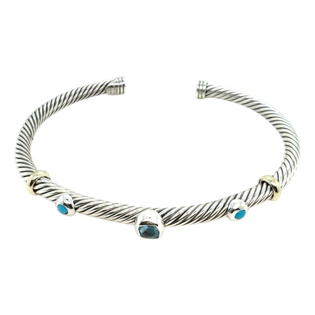 1990s David Yurman Bl Topaz Turquoise Cuff Bracelet 18k Gold Silver Estate For Sale