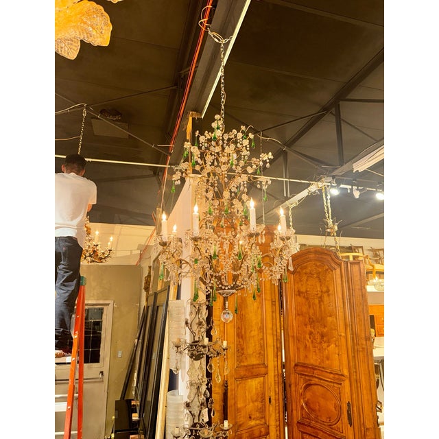 This 19th c. Italian Tole and Green Crystal Drop Chandelier is a stunning piece of lighting that adds a touch of elegance...