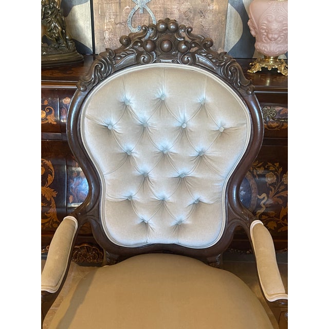 Victorian Victorian Revival Carved Wood & Tufted Upholstered Parlor Chairs – Pair For Sale - Image 3 of 12