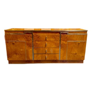 Modern Italian Burl Wood and Brass Credenza After Pierre Cardin For Sale