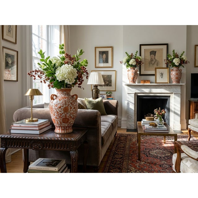 Vintage Oriental Orange Red Floral Baluster Shape Porcelain Art Vase For Sale - Image 12 of 13