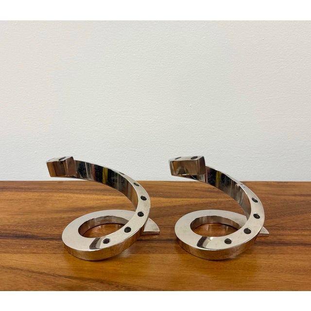 Metal Vintage MCM Chrome Spiral Candle Holders - Pair For Sale - Image 7 of 7