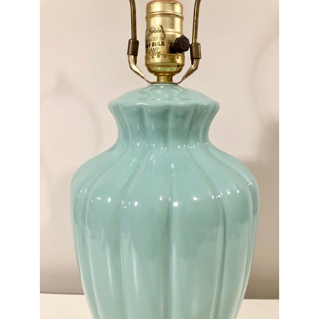 1980s Ribbed Turquoise Ceramic Table Lamp For Sale - Image 4 of 7