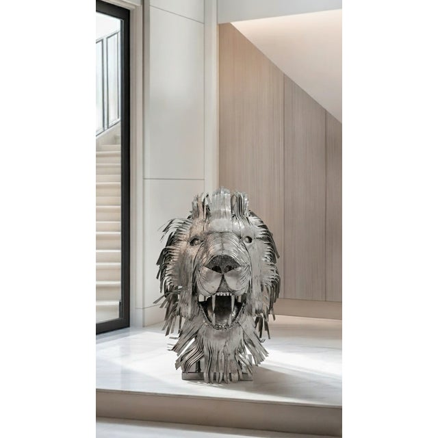 Metal Contemporary Recycled Steel Lion Head Sculpture, Handcrafted, One-of-a-Kind For Sale - Image 7 of 9