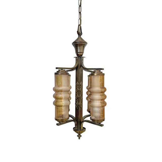 Metal Art Deco Amsterdamse School Geometric Chandelier with Satinated Tubes, 1930 For Sale - Image 7 of 7