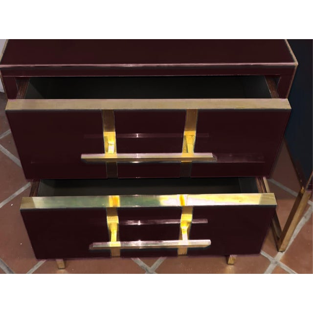Pair of Mirrored Dark Red Glass Bedside Tables With Brass Ornaments, 1950s Style For Sale - Image 4 of 5