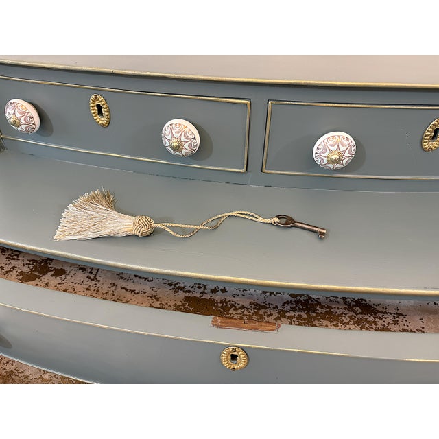 Antique Sheraton Style Bowfront Chest of Six Drawers With Locks and Key, New Paint and Knobs For Sale - Image 12 of 18