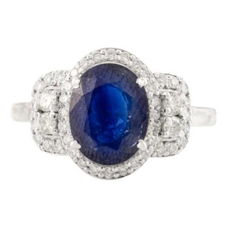 14k Gold Natural Blue Sapphire Cluster Diamond Wedding Ring Size 6.5 For Sale
