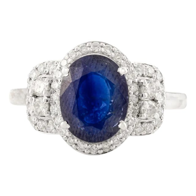 14k Gold Natural Blue Sapphire Cluster Diamond Wedding Ring Size 6.5 For Sale