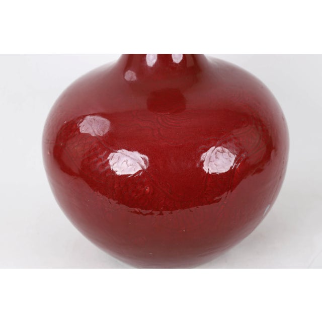 Chinese A 20th-Century Chinese Red-Glazed Dragon-Patterned Lestial Globe Vase (Restored) For Sale - Image 3 of 8