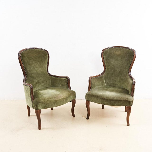 Set of Antique Walnut Armchairs with Green Velvet Seat For Sale - Image 9 of 9