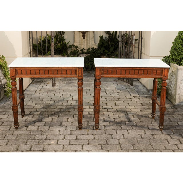 Pair of French 1870s Neoclassical Style Wooden Console Tables with Marble Tops For Sale - Image 9 of 12