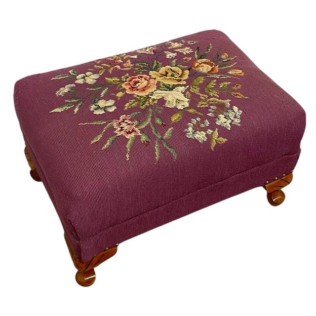 Vintage Upholstered Footstool Ottoman With Floral Needlepoint and Carved Wood Legs For Sale In Seattle - Image 6 of 10