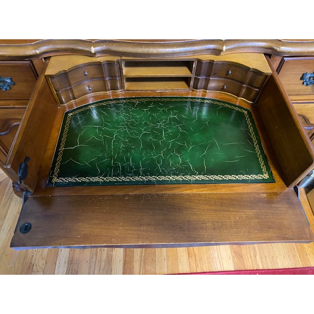Queen Anne Rare Two Piece Mid-Century Vintage Queen Anne Mahogany Hutch With Green Leather Gold Embossed Desk and China Cabinet Features For Sale - Image 3 of 4