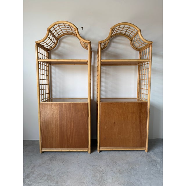 Vintage Coastal Pagoda-Style Rattan Etagères With Three Drawers – A Pair For Sale - Image 12 of 12