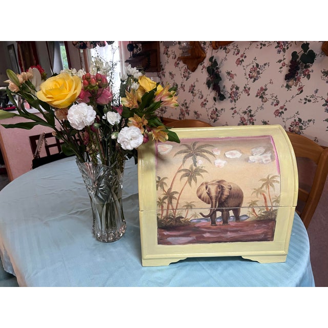 1990s Hand Painted Decorative Storage Box Featuring Palm Trees & Elephants. Hand-Painted Wooden Nightstand With Tropical Elephant Scene in Bombay Style For Sale - Image 5 of 5